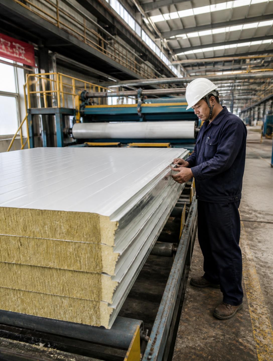 NEVO double-belt laminator producing a PIR sandwich panel with PPGI facings