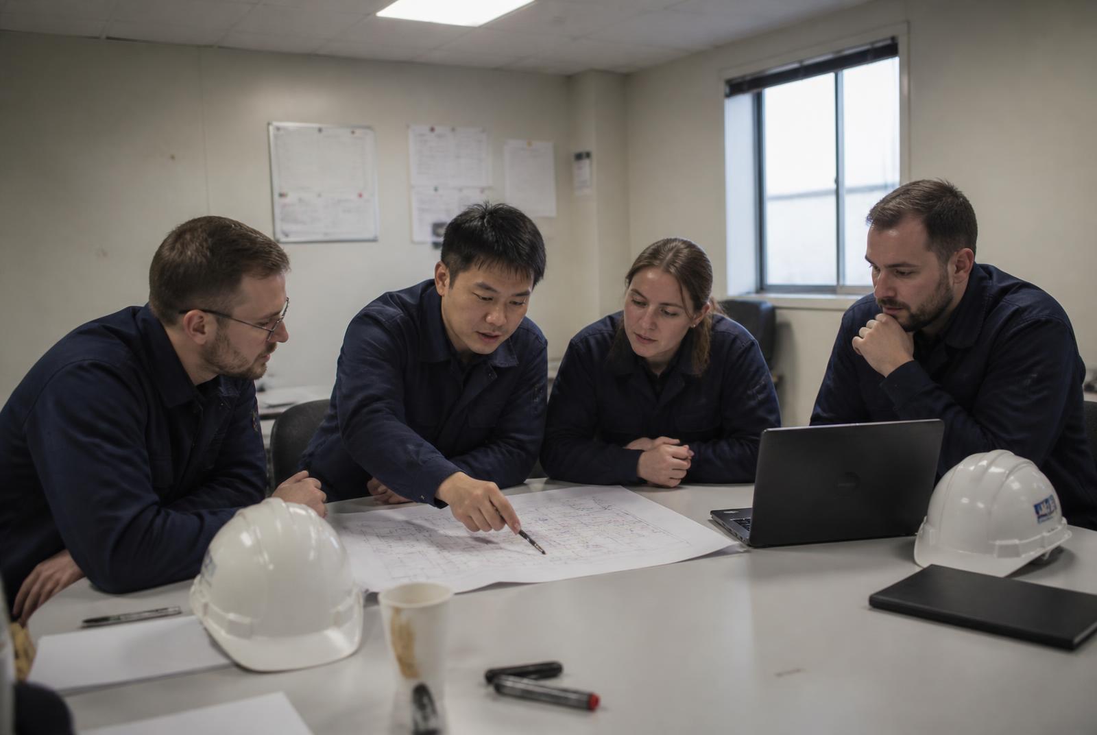 NEVO engineering team reviewing factory plans